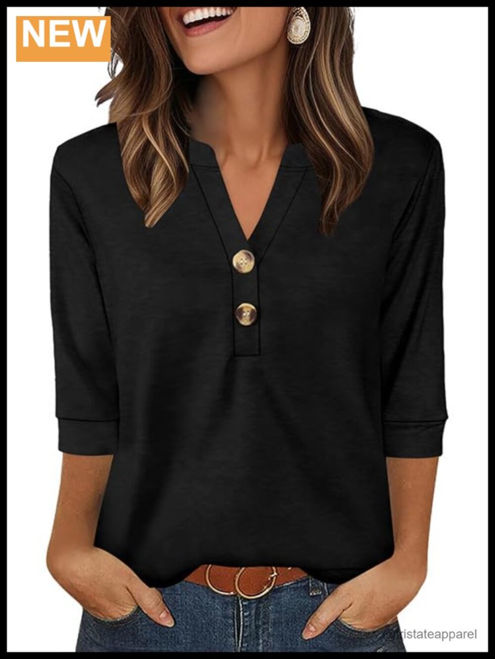 Womens 3/4 Sleeve Henley T-Shirt V-Neck Button Loose Fit Blouse